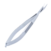 Osher Universal Corneal Scissors Thin Curved Blades For Precise 6.5mm Beveled Incision, Blunt Tips, Gentle Curve, 21mm From Mid-Screw To Tip, On A Flat Serrated Spring Handle, Overall Length 4.7" (119mm) 